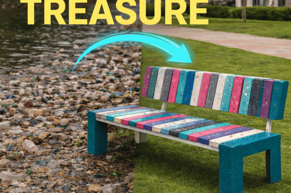 Modern rHDPE recycled plastic bench installed in a green urban park setting.