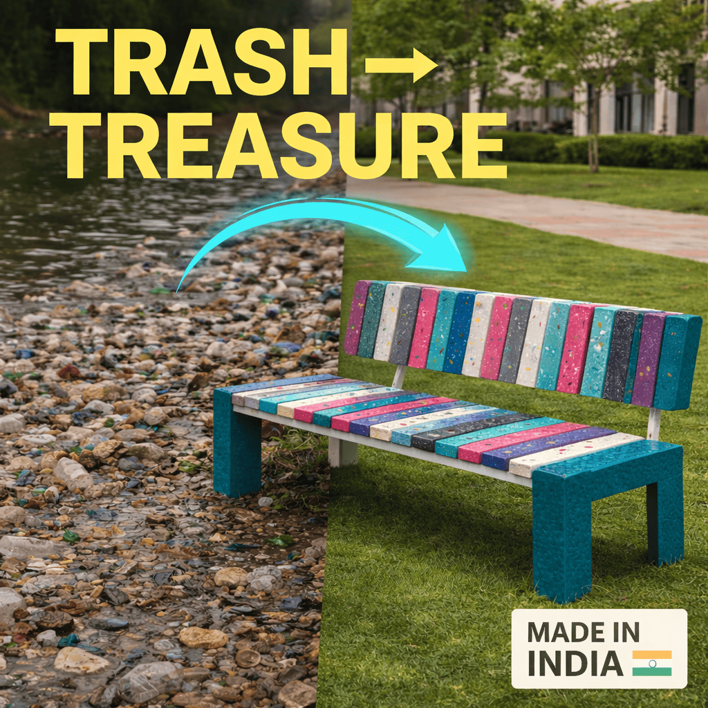 Modern rHDPE recycled plastic bench installed in a green urban park setting.