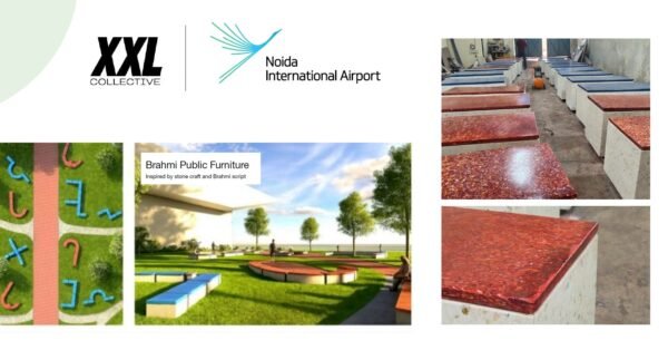 Row of Minus Degre recycled benches at Brahmin Park near Noida International Airport.