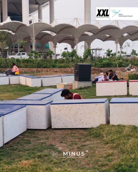 Sustainable outdoor public furniture at Noida International Airport made from automotive and electronic waste through circular economy design.