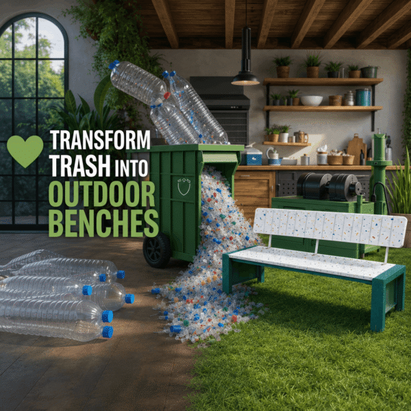 Recycled plastic bench made from post-consumer plastic waste, installed in a public space as a sustainable and durable outdoor seating solution.