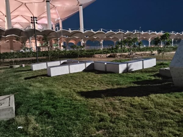 Circular economy infrastructure project featuring recycled plastic furniture manufactured from car backlight and charger waste.