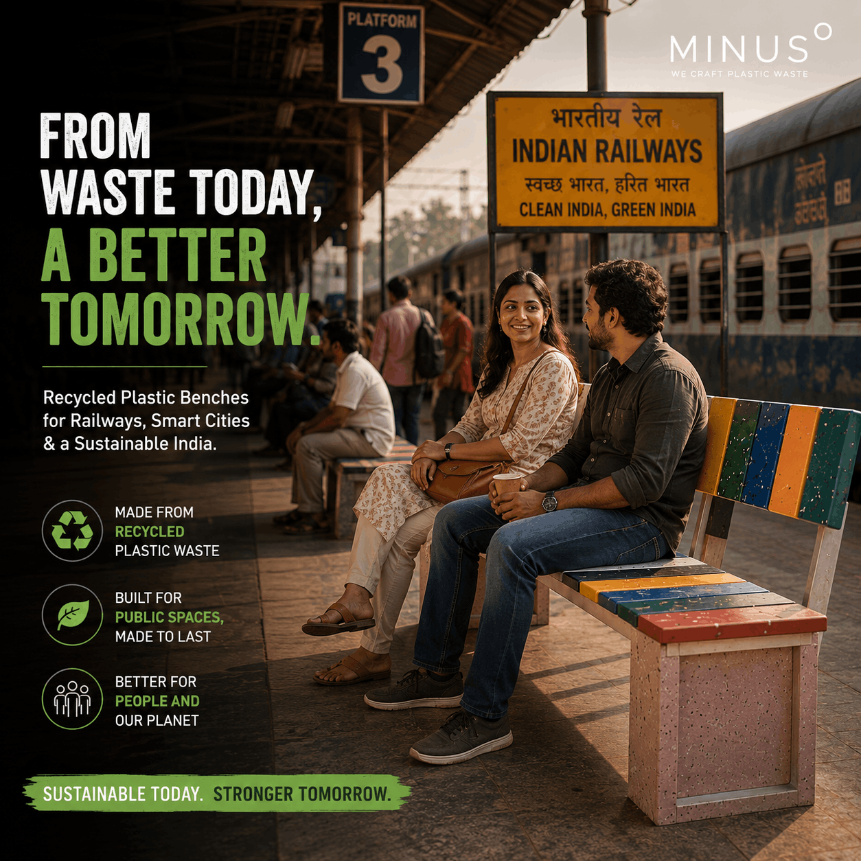 Recycled plastic bench with passengers seated at an Indian railway station