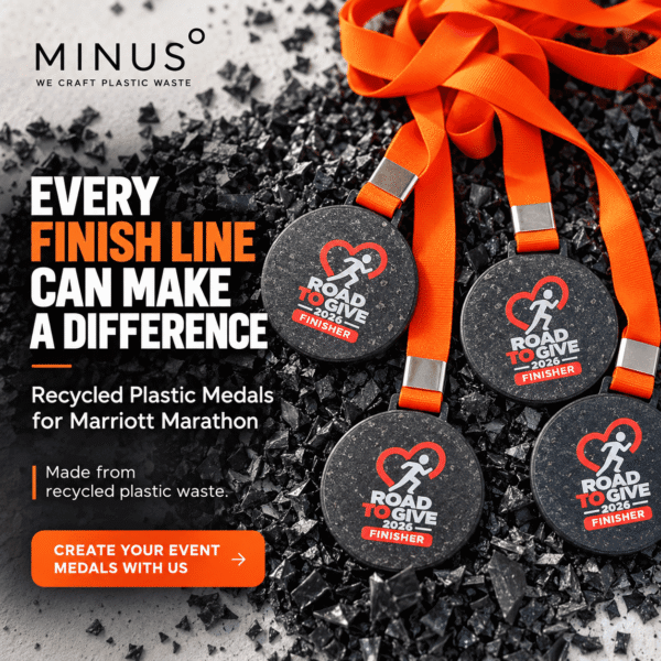 Custom recycled plastic marathon and sports medals manufactured by Minus Degre for running events