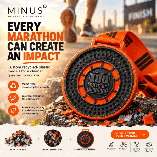 Custom recycled plastic finisher medal made by Minus Degre for marathon runners